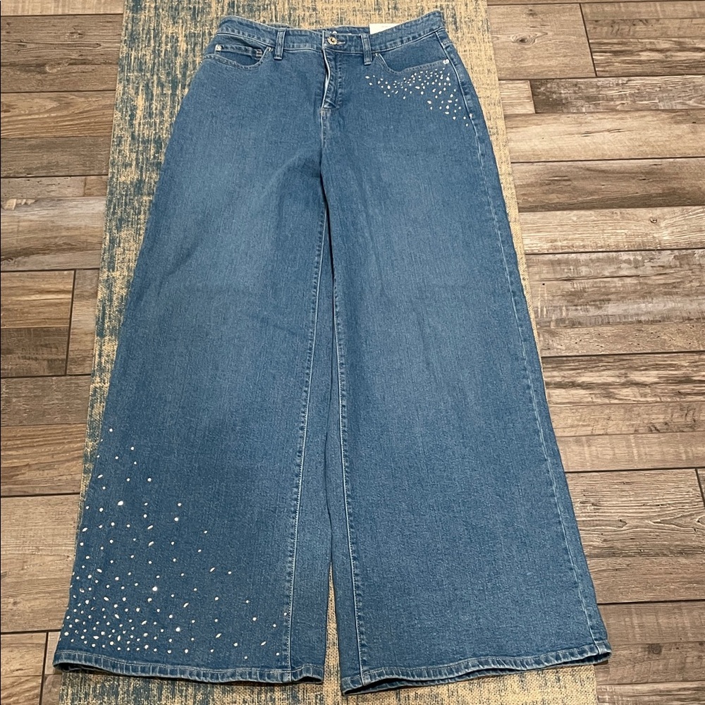INC International Concepts Blue Flare Jeans with Rhinestone Details